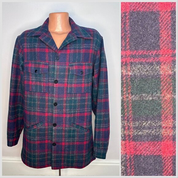 Vintage 1980s Plaid Wool Shirt Jacket Pendelton Size Large Tall